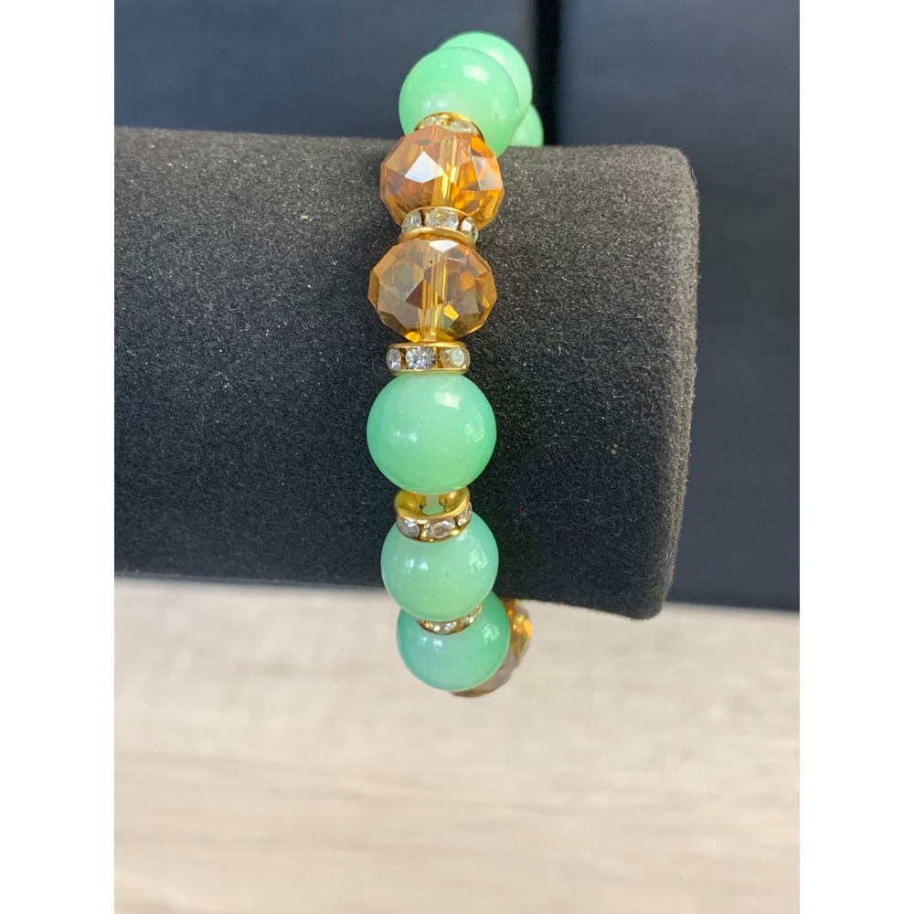 Mint Green and Amber Beaded Stretch Bracelet with Rhinestone Spacers 4520 - Picture 2 of 6